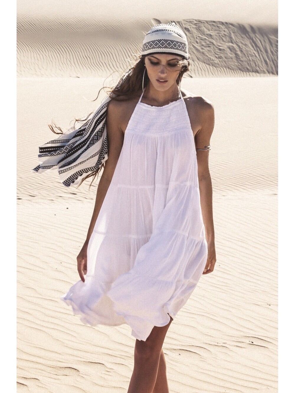 Elan L White Smocked Halter Mini Dress CoverUp Pockets Goddess Vacation Beach